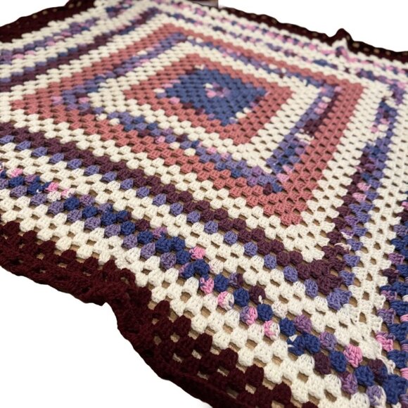 Vintage Burgundy, Pink, Purple Afghan Square Crochet Blanket 51 X 51 - Picture 2 of 3